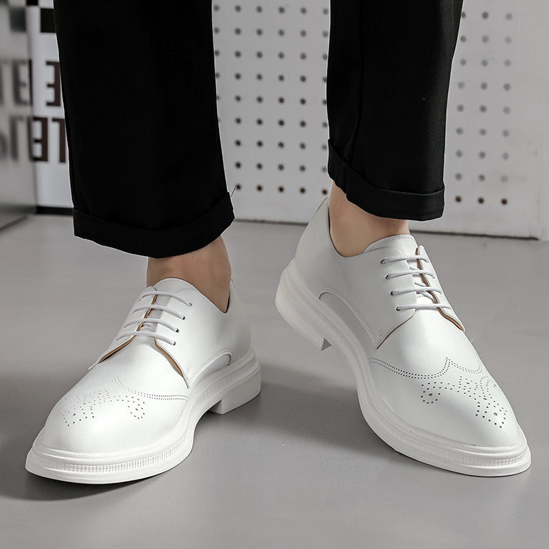 Hvide Ægte Læder Brogue Derby Sko med Snørebånd | Platform Dress Sko til Kontor