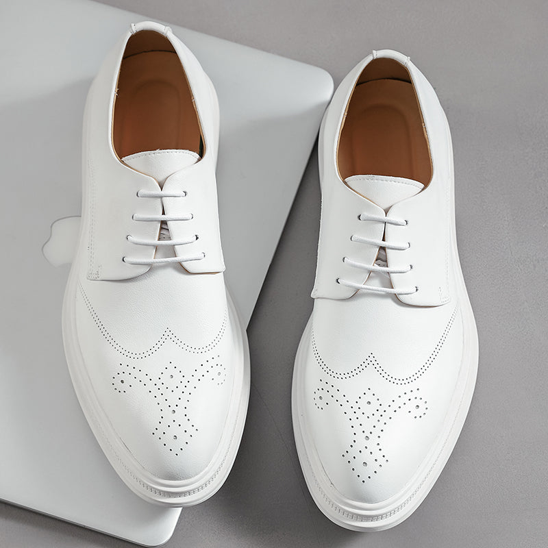 Hvide Ægte Læder Brogue Derby Sko med Snørebånd | Platform Dress Sko til Kontor