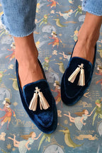 Navy Velour Loafer med Champagne Kvast | Slip-On Festsko til Aften & Kontor