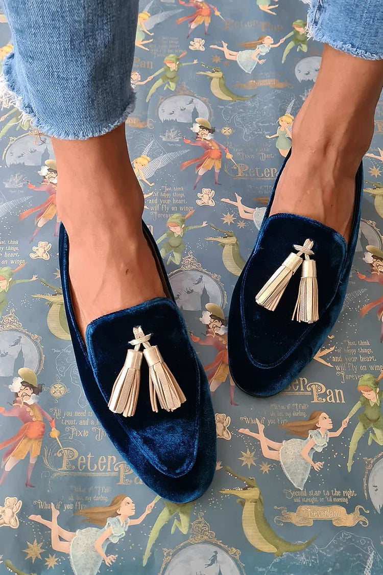 Navy Velour Loafer med Champagne Kvast | Slip-On Festsko til Aften & Kontor