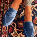 Blå Velour Loafer Mule med Penny Strop | Spidssnuet Slip-On Sko til Aften & Kontor