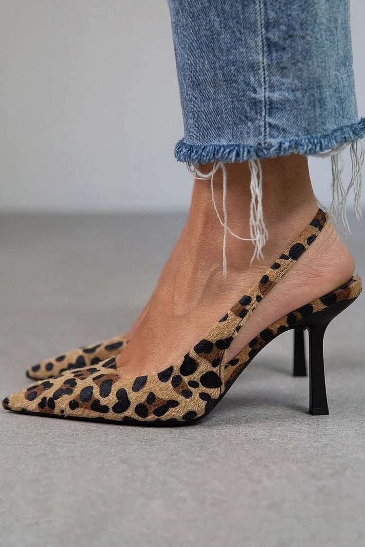Spids Tå Leopard Print Slingback Stiletto Hæle | Khaki