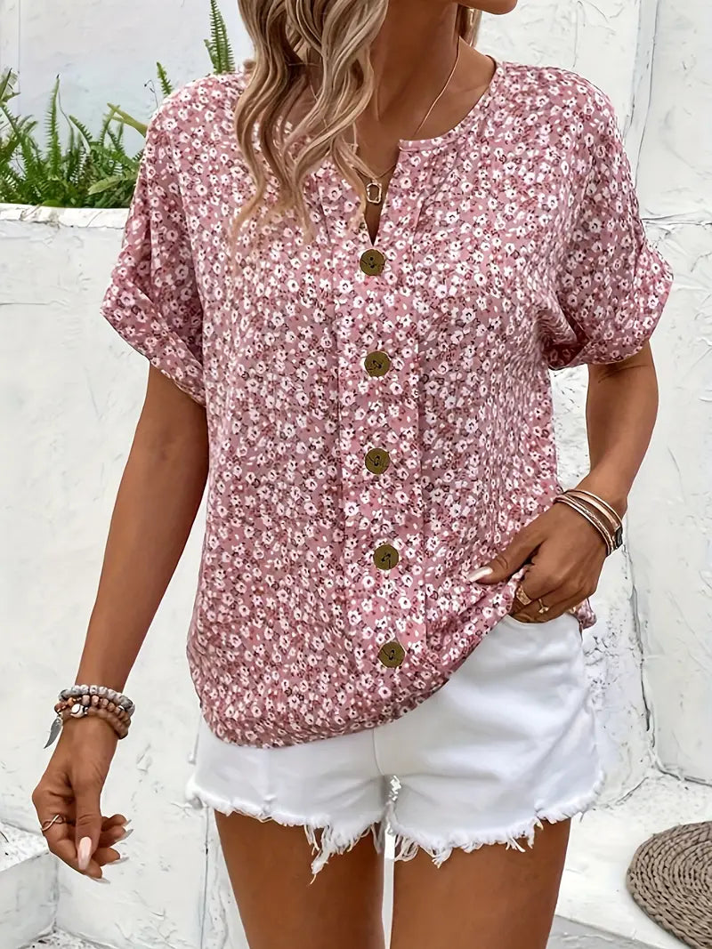 Chic Blomstret Bluse Dame | Kortærmet Sommer Bluse med V-Hals & Knaplukning