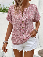 Chic Blomstret Bluse Dame | Kortærmet Sommer Bluse med V-Hals & Knaplukning