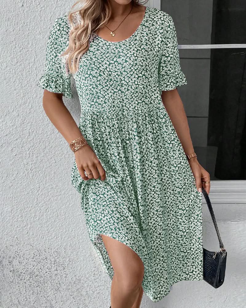 Blomstret Casual Midi Sommerkjole med Flæseærmer | Dimissions- & Strandkjole