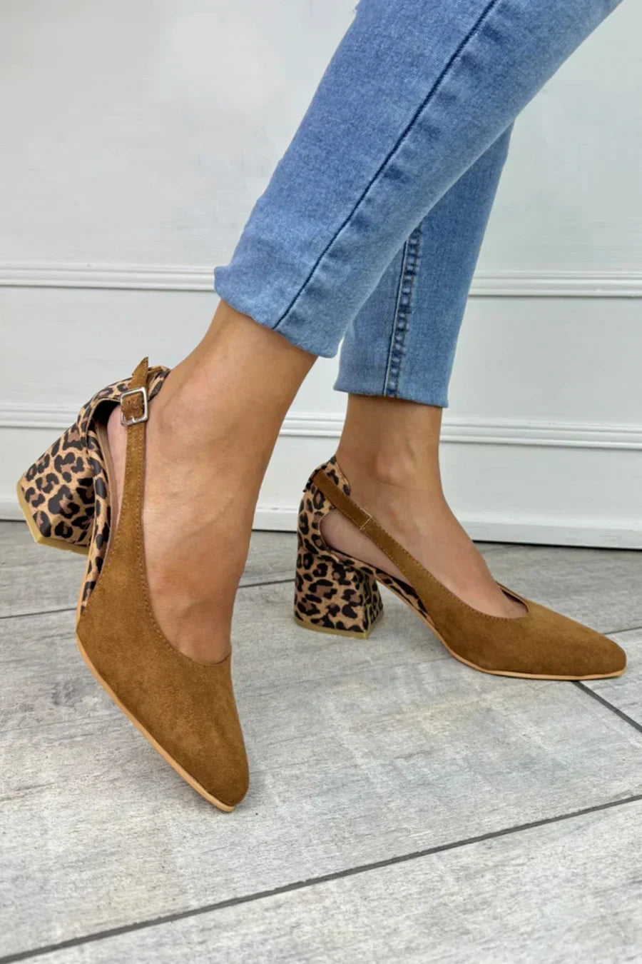 Leopardprint Slingback med Blokhæl | Firkantet Tå Ruskind Pumps til Kontor & Hverdag