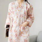 Blomstret Kimono Morgenkåbe til Kvinder | Taljebælte & Lommer