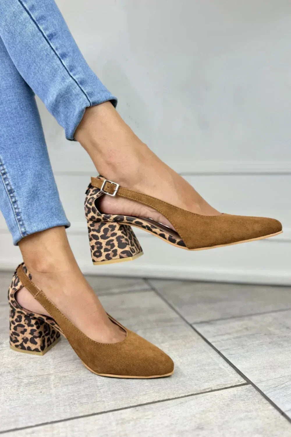 Leopardprint Slingback med Blokhæl | Firkantet Tå Ruskind Pumps til Kontor & Hverdag