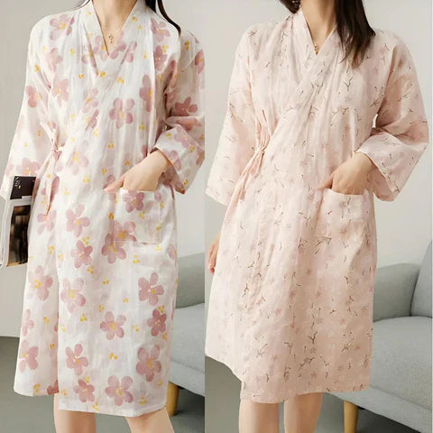 Blomstret Kimono Morgenkåbe til Kvinder | Taljebælte & Lommer