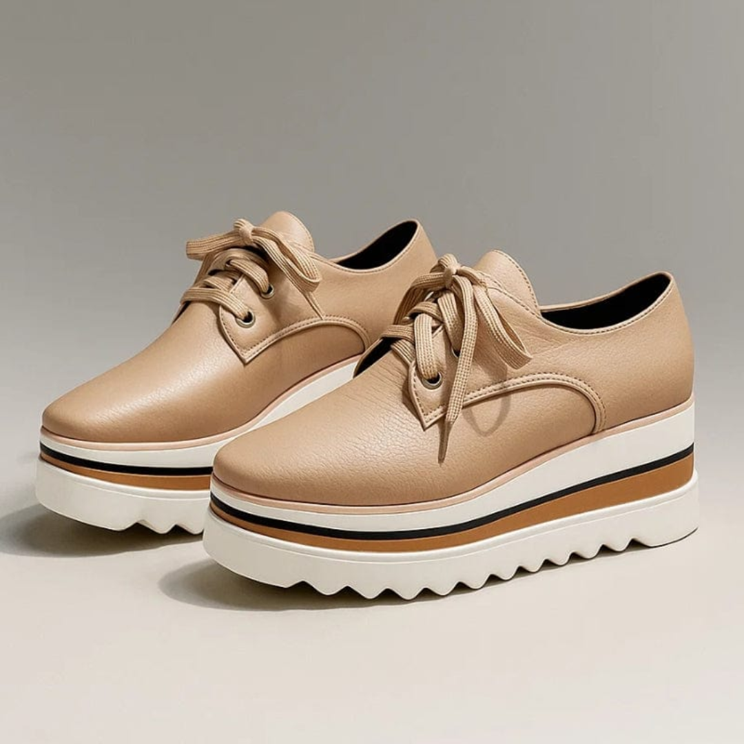 Dame Læder Platform Sneaker Oxford Firkantet Tå med Snøreluk og Tyk Lagdelt Sål