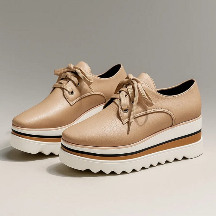 Dame Læder Platform Sneaker Oxford Firkantet Tå med Snøreluk og Tyk Lagdelt Sål