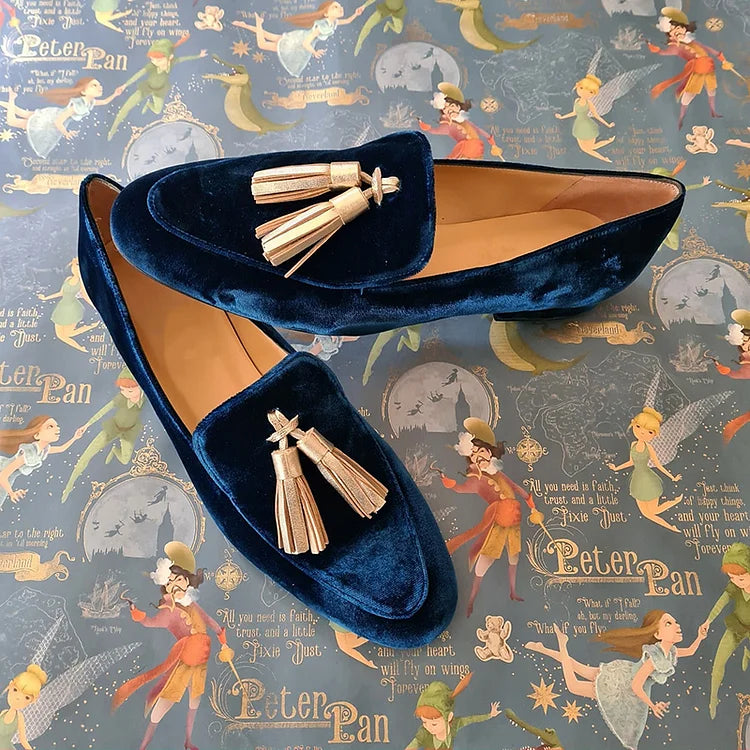 Navy Velour Loafer med Champagne Kvast | Slip-On Festsko til Aften & Kontor