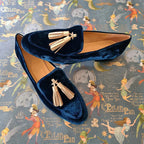 Navy Velour Loafer med Champagne Kvast | Slip-On Festsko til Aften & Kontor