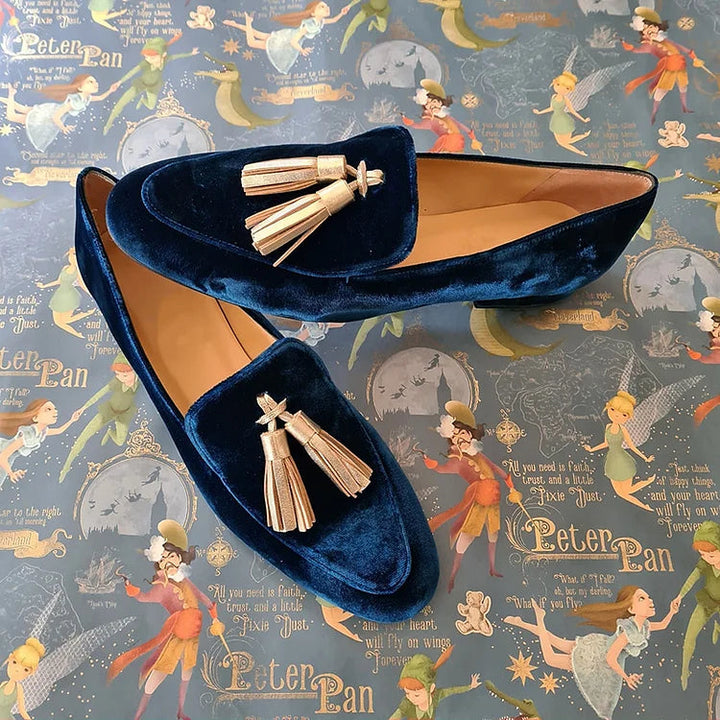 Navy Velour Loafer med Champagne Kvast | Slip-On Festsko til Aften & Kontor