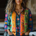 Bohemian Vintage Bluse Dame | Langærmet Skjorte med Paisley Mønster & Knapper