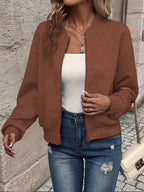 Kvinders Lynlås-Textureret Cardigan med Ribbet Kant og Lange Ærmer