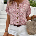 Chic Blomstret Bluse Dame | Kortærmet Sommer Bluse med V-Hals & Knaplukning