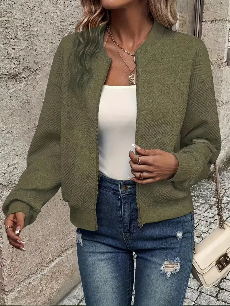 Kvinders Lynlås-Textureret Cardigan med Ribbet Kant og Lange Ærmer