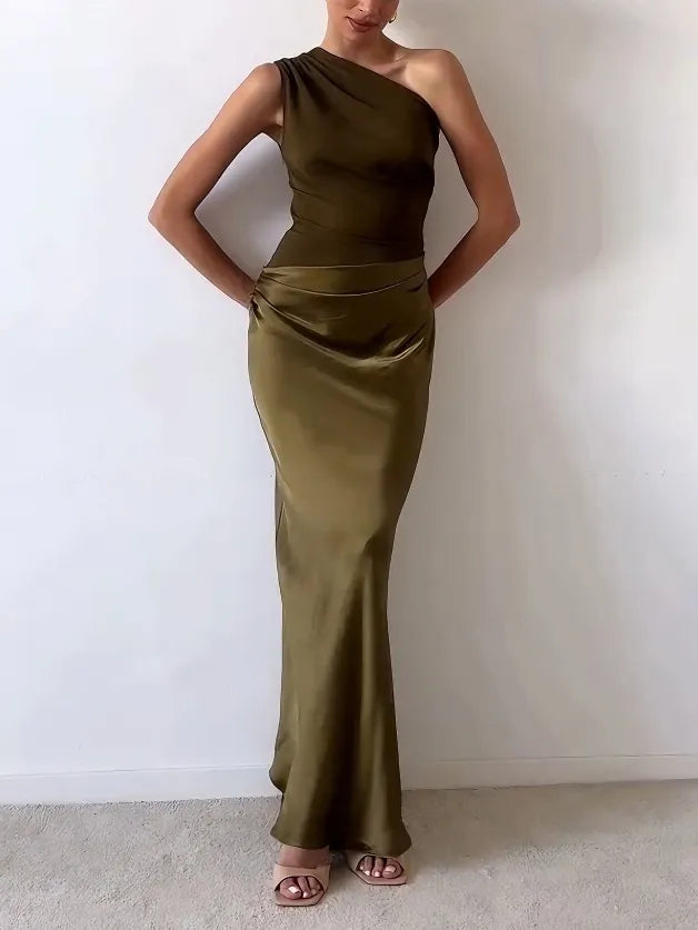 Anita | Elegant One Shoulder Neck Pleated Party Maxi Kjole