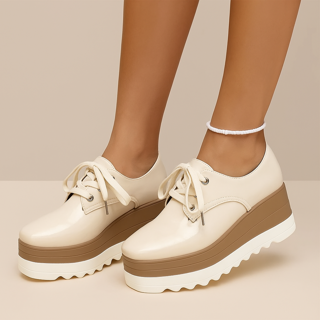 Dame Syntetisk Platform Sneaker Chunky med Snøreluk Firkantet Tå og Takket Gummisål