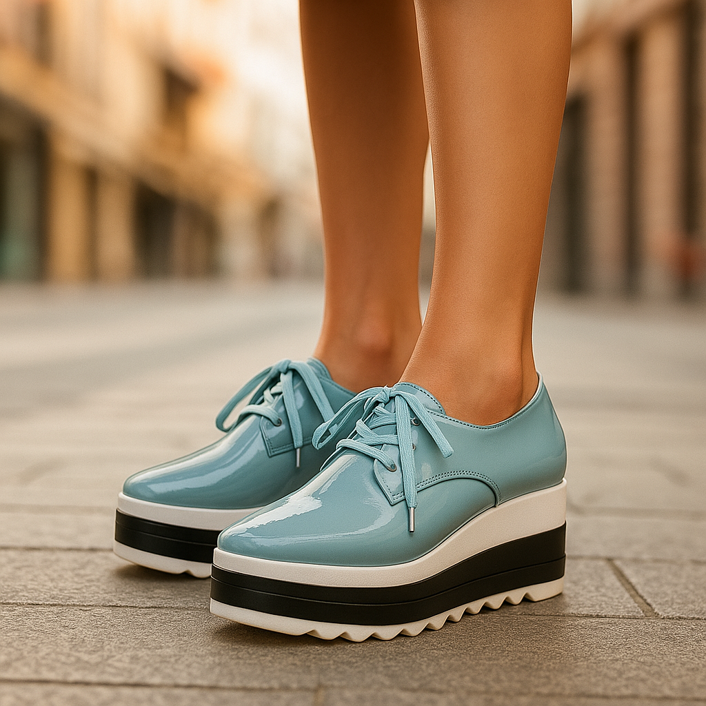 Dame Syntetisk Platform Sneaker Chunky med Snøreluk Firkantet Tå og Takket Gummisål