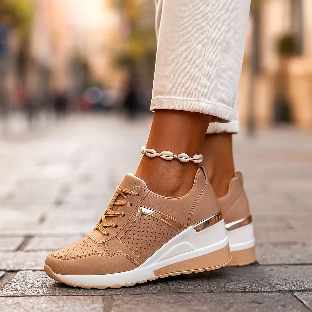 Dame Sneakers med Skjult Kilehæl | Elegant Hverdagsbrug — Læder Perforeret Panel