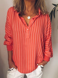 Stribet Skjortebluse med Halvknaplukning og Lange Ærmer | Casual Bluse & Sommerbluse