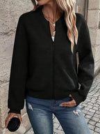 Kvinders Lynlås-Textureret Cardigan med Ribbet Kant og Lange Ærmer