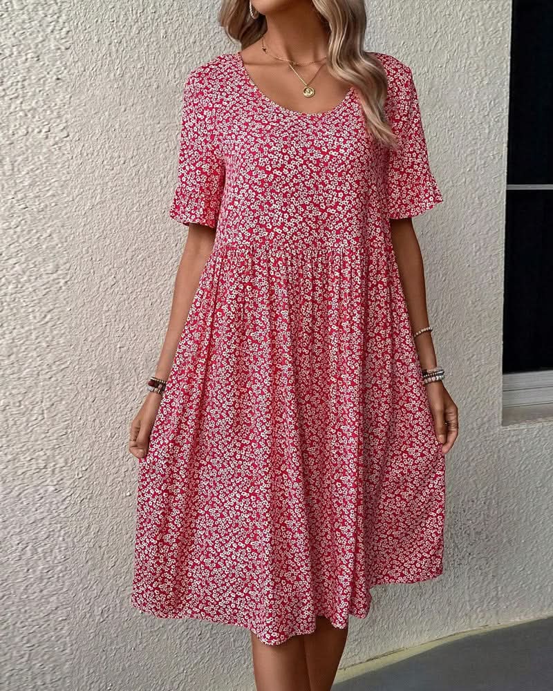Blomstret Casual Midi Sommerkjole med Flæseærmer | Dimissions- & Strandkjole