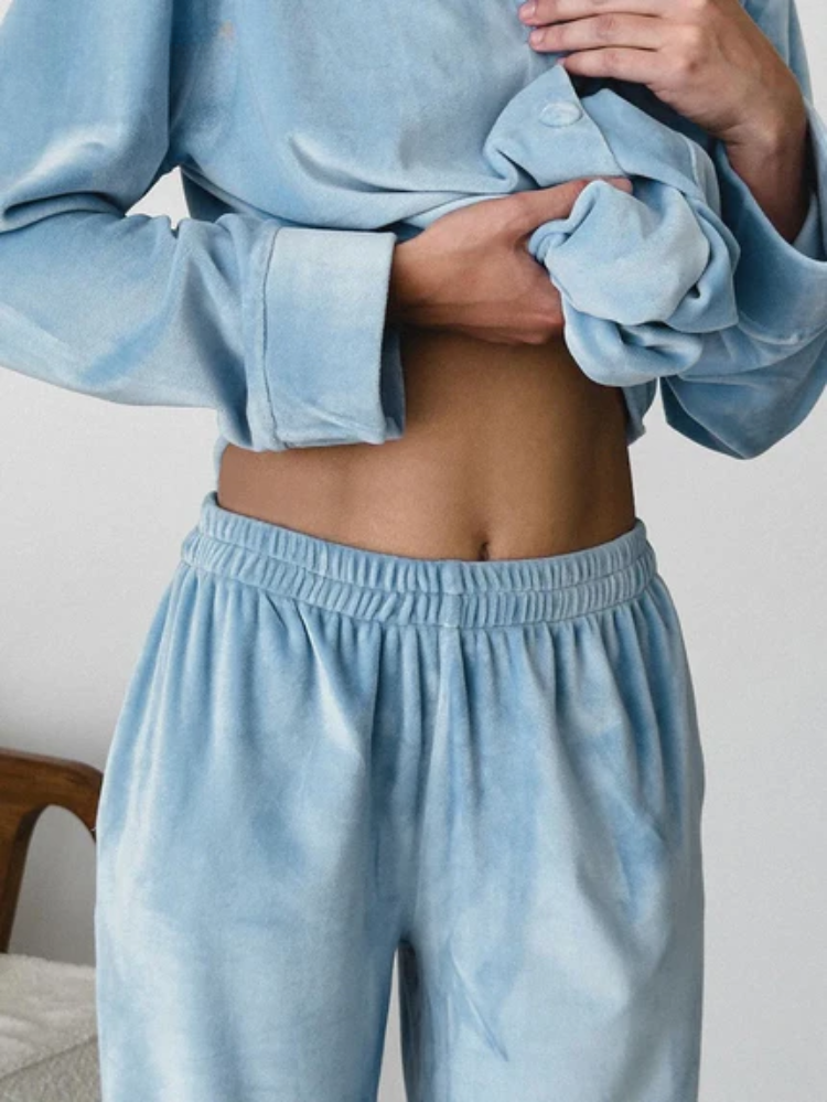 Dame 2-delt Pyjamasæt med Knappet Skjorte og Bukser