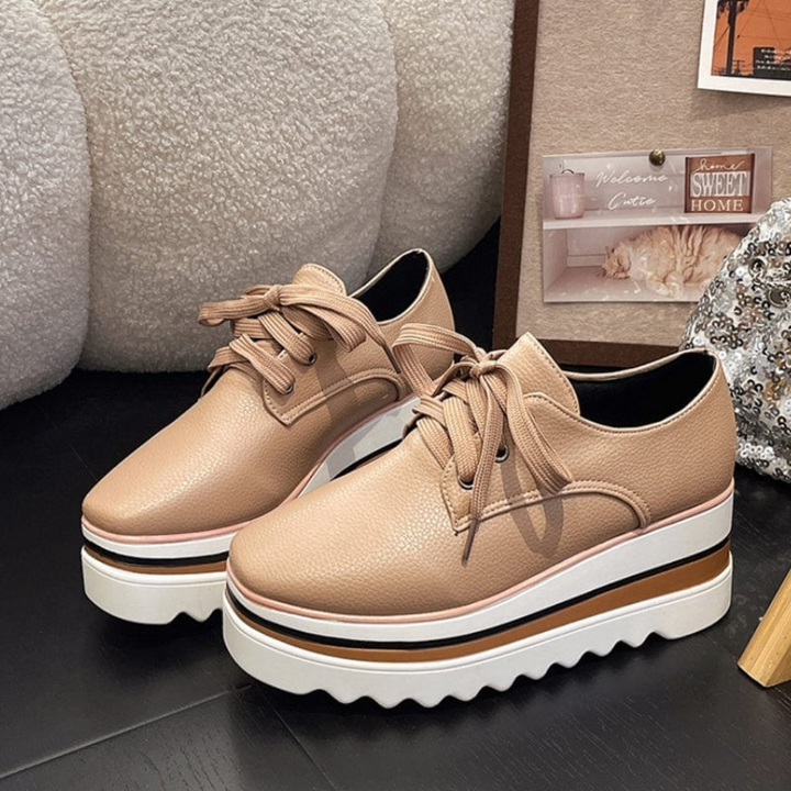 Dame Læder Platform Sneaker Oxford Firkantet Tå med Snøreluk og Tyk Lagdelt Sål