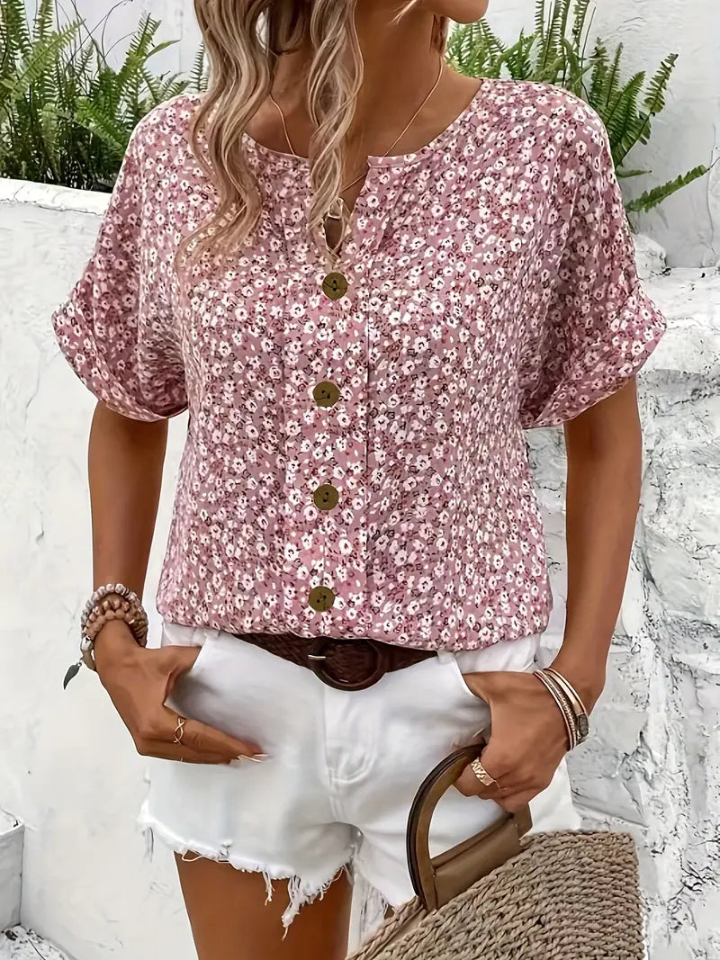 Chic Blomstret Bluse Dame | Kortærmet Sommer Bluse med V-Hals & Knaplukning