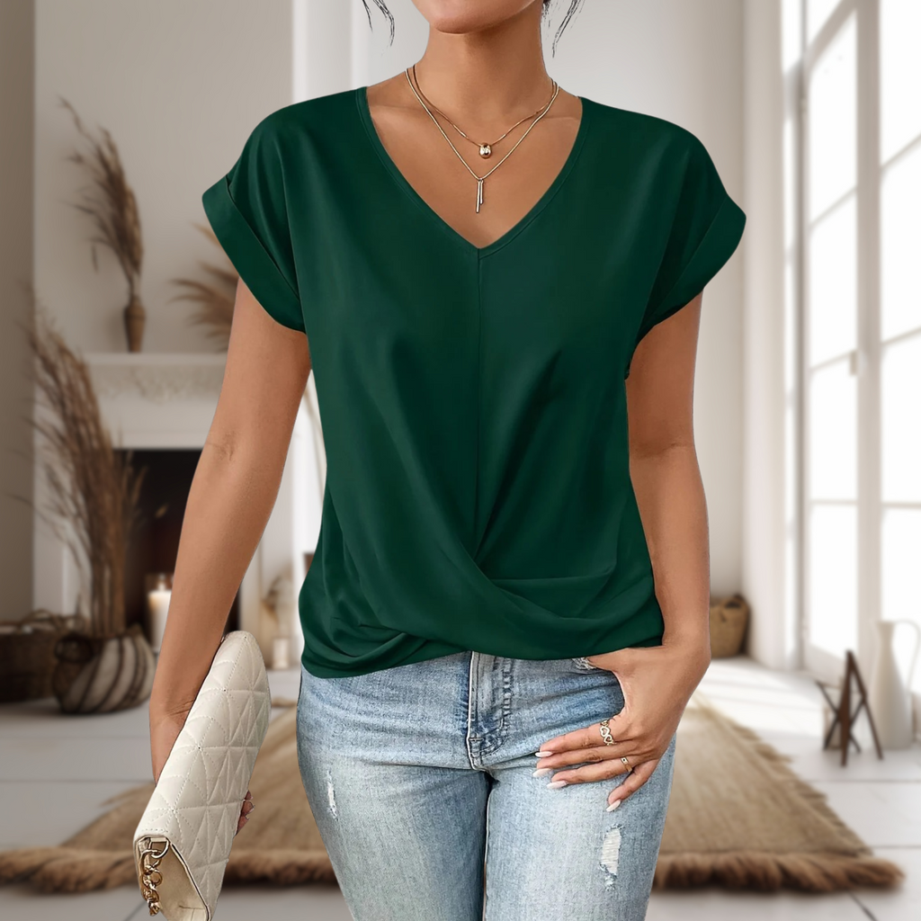 Casual T-Shirt Dame med V-Hals | Twist Detalje Hverdagsbluse med Korte Ærmer