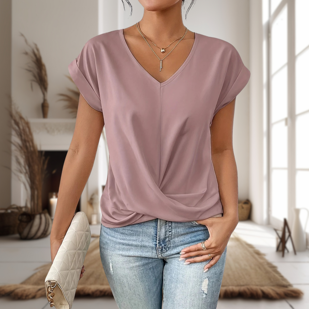 Casual T-Shirt Dame med V-Hals | Twist Detalje Hverdagsbluse med Korte Ærmer