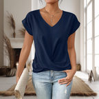 Casual T-Shirt Dame med V-Hals | Twist Detalje Hverdagsbluse med Korte Ærmer