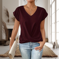 Casual T-Shirt Dame med V-Hals | Twist Detalje Hverdagsbluse med Korte Ærmer