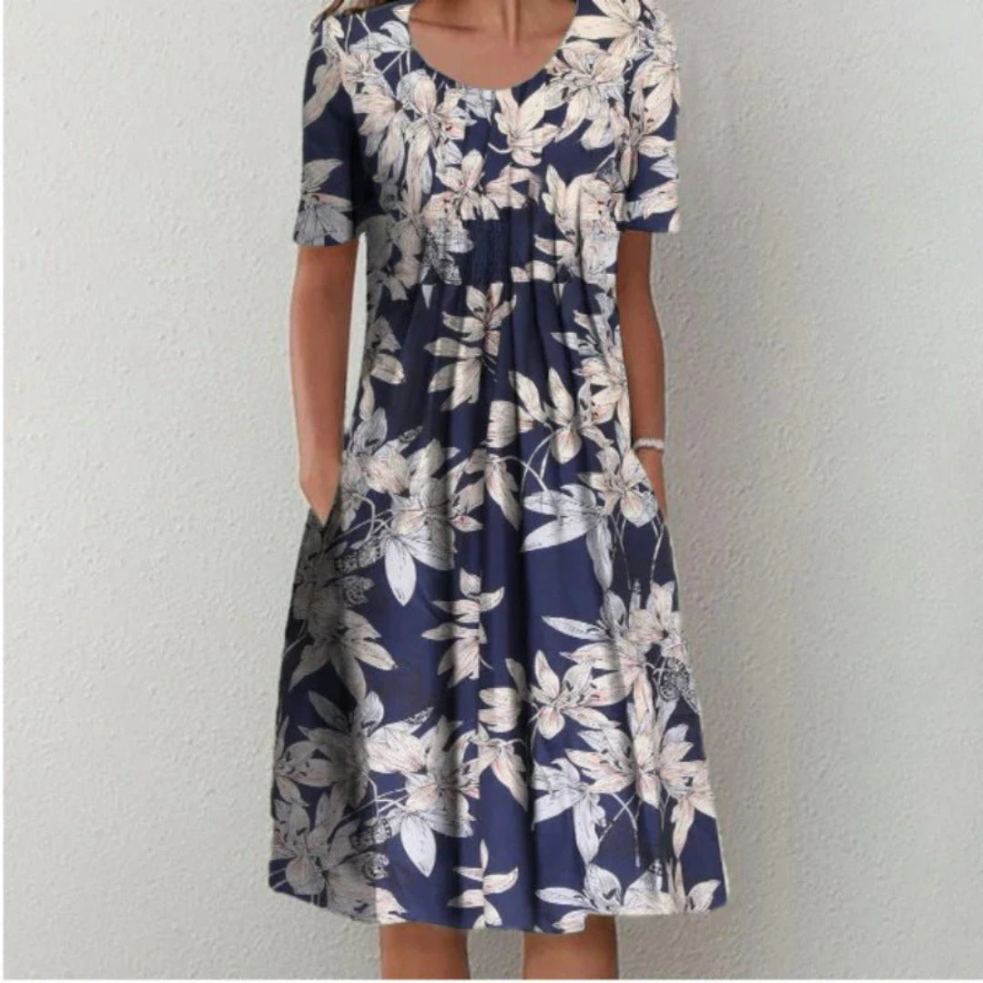 Blomstret Midi Kjole med Lommer | Casual Sommer-, Dimissions- & Strandkjole
