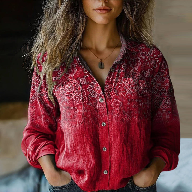 Bohemian Vintage Bluse Dame | Langærmet Skjorte med Paisley Mønster & Knapper