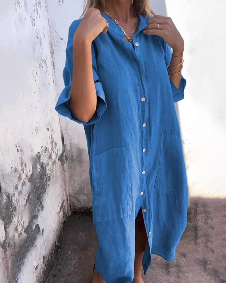 Hør Skjorte Kjole | Boho Strandkjole med Knapper & Afslappet Pasform