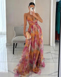 Blomstret Chiffon Maxi Kjole med Krydset Talje | Sommer- & Dimissionskjole