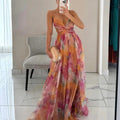 Blomstret Chiffon Maxi Kjole med Krydset Talje | Sommer- & Dimissionskjole