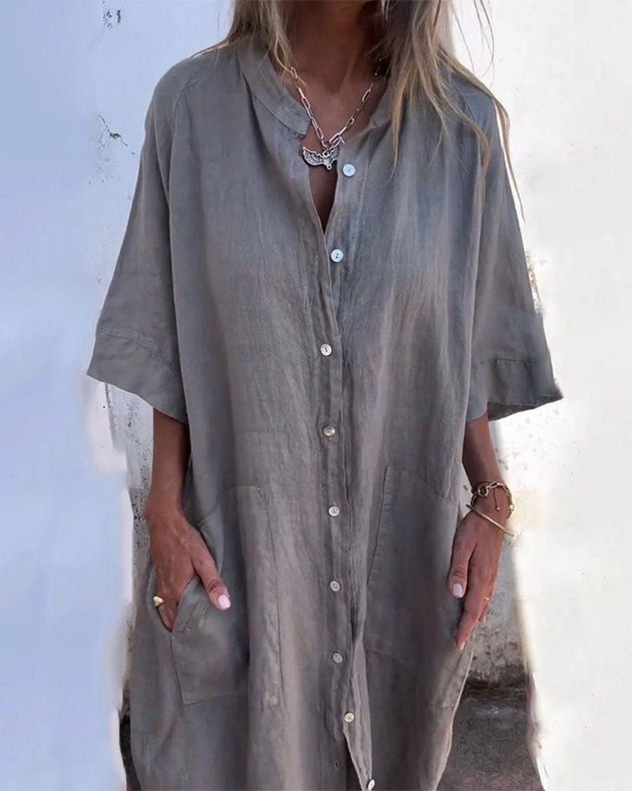 Hør Skjorte Kjole | Boho Strandkjole med Knapper & Afslappet Pasform
