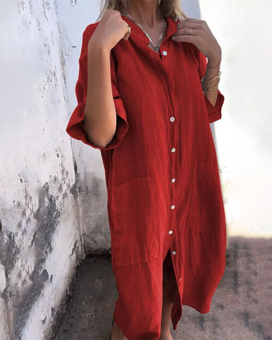 Hør Skjorte Kjole | Boho Strandkjole med Knapper & Afslappet Pasform