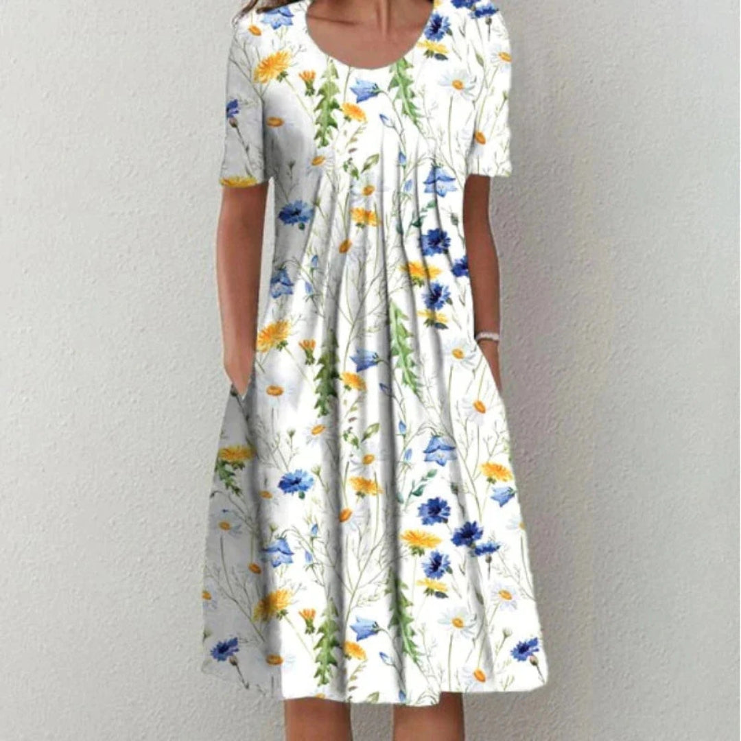 Blomstret Midi Kjole med Lommer | Casual Sommer-, Dimissions- & Strandkjole