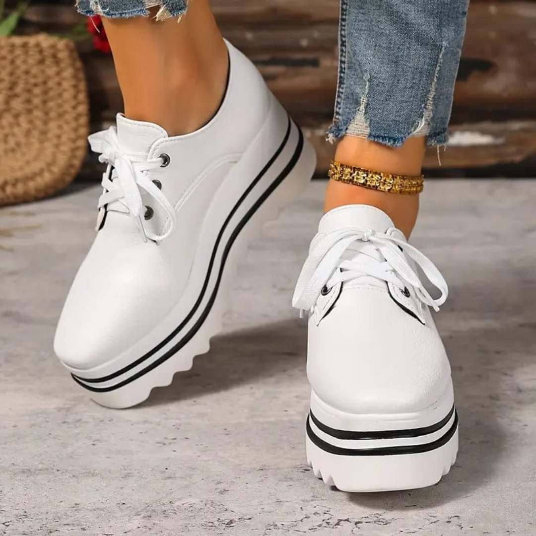 Dame Læder Platform Sneaker Oxford Firkantet Tå med Snøreluk og Tyk Lagdelt Sål