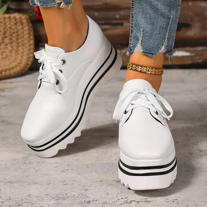 Dame Læder Platform Sneaker Oxford Firkantet Tå med Snøreluk og Tyk Lagdelt Sål