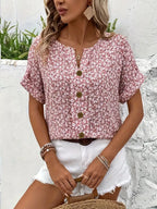 Chic Blomstret Bluse Dame | Kortærmet Sommer Bluse med V-Hals & Knaplukning