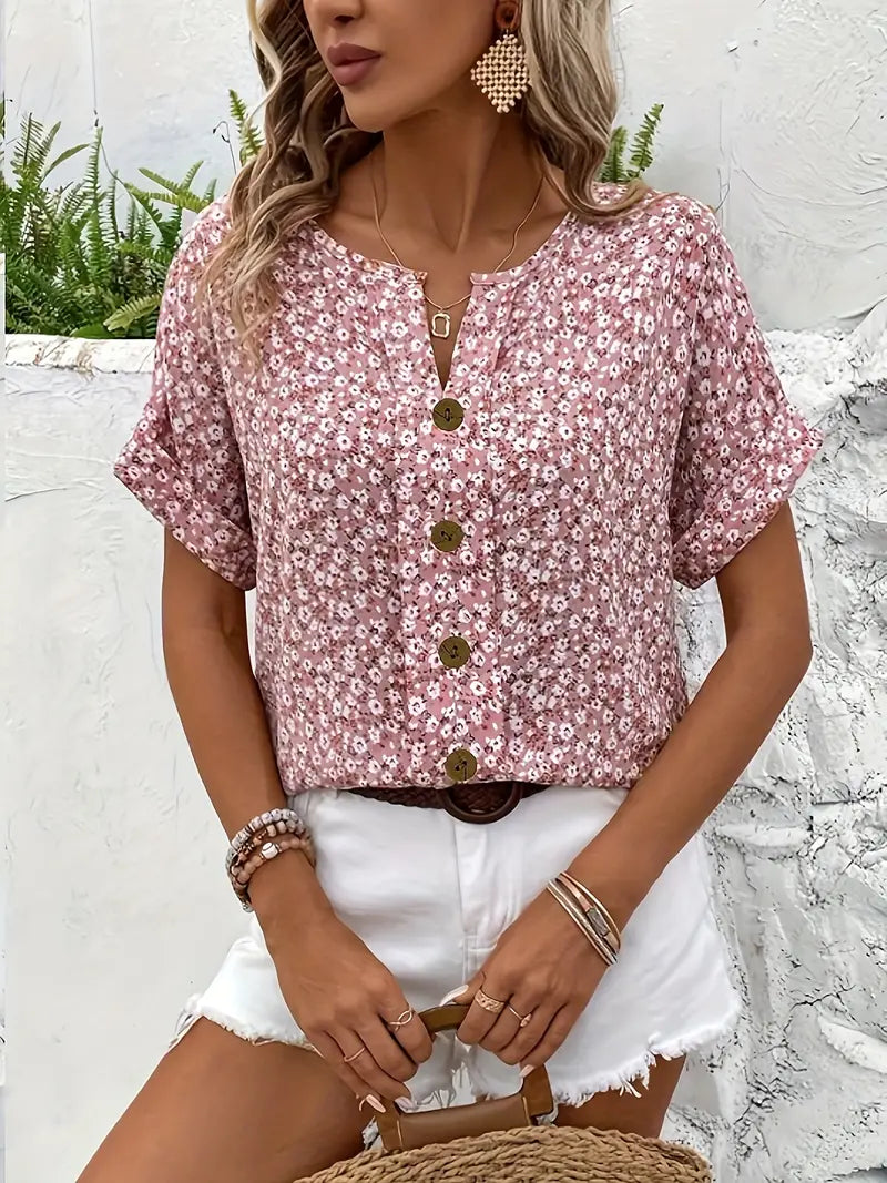Chic Blomstret Bluse Dame | Kortærmet Sommer Bluse med V-Hals & Knaplukning