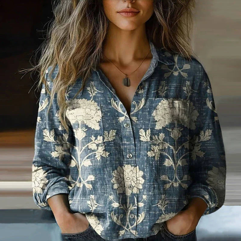 Bohemian Vintage Bluse Dame | Langærmet Skjorte med Paisley Mønster & Knapper