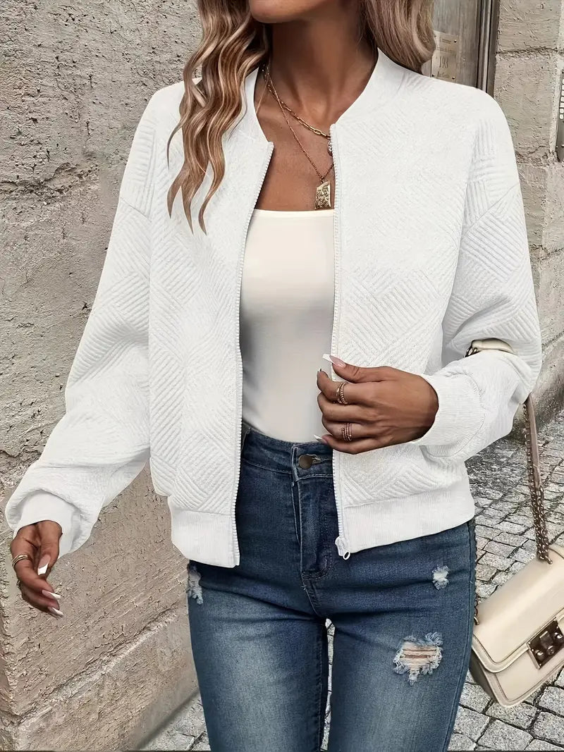 Kvinders Lynlås-Textureret Cardigan med Ribbet Kant og Lange Ærmer